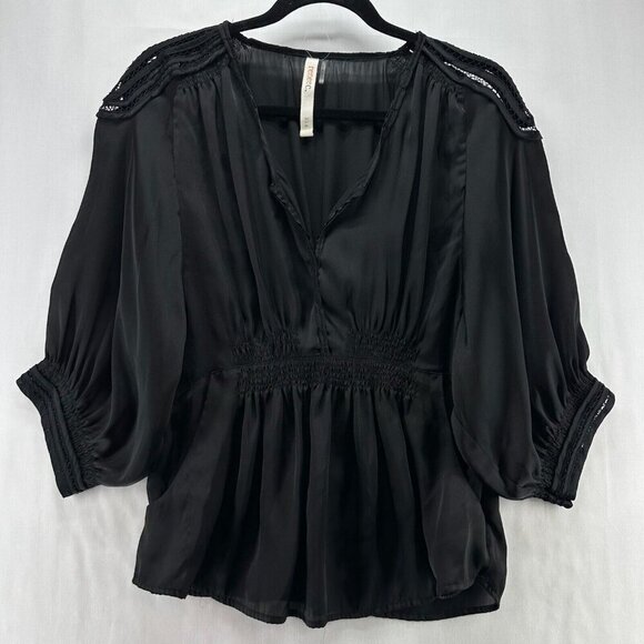 Renee C. Tops - Renee C. Top Womens Size M Smocked Popover Blouse Lace Trim Balloon Sleeve Black